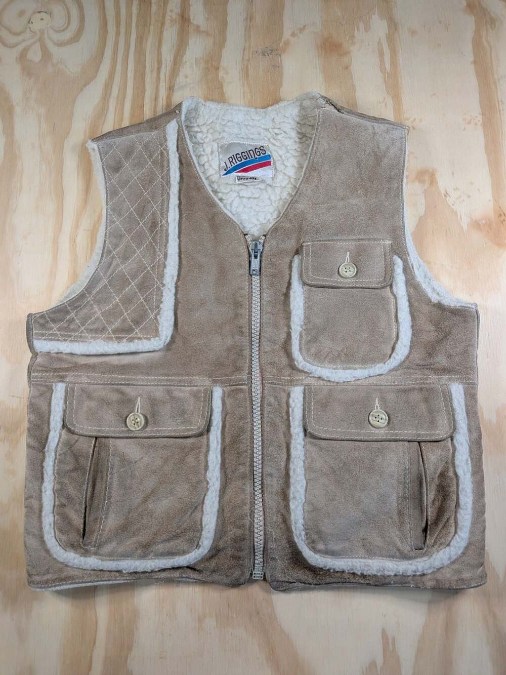 Vintage Suede Leather Sherpa Lined Hunting Vest Tan J. Riggins